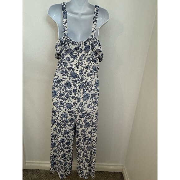 Loft Trellis Ruffle Jumpsuit Sz 8 Pockets Floral Blue White Crop Wide Leg EUC - Picture 2 of 10
